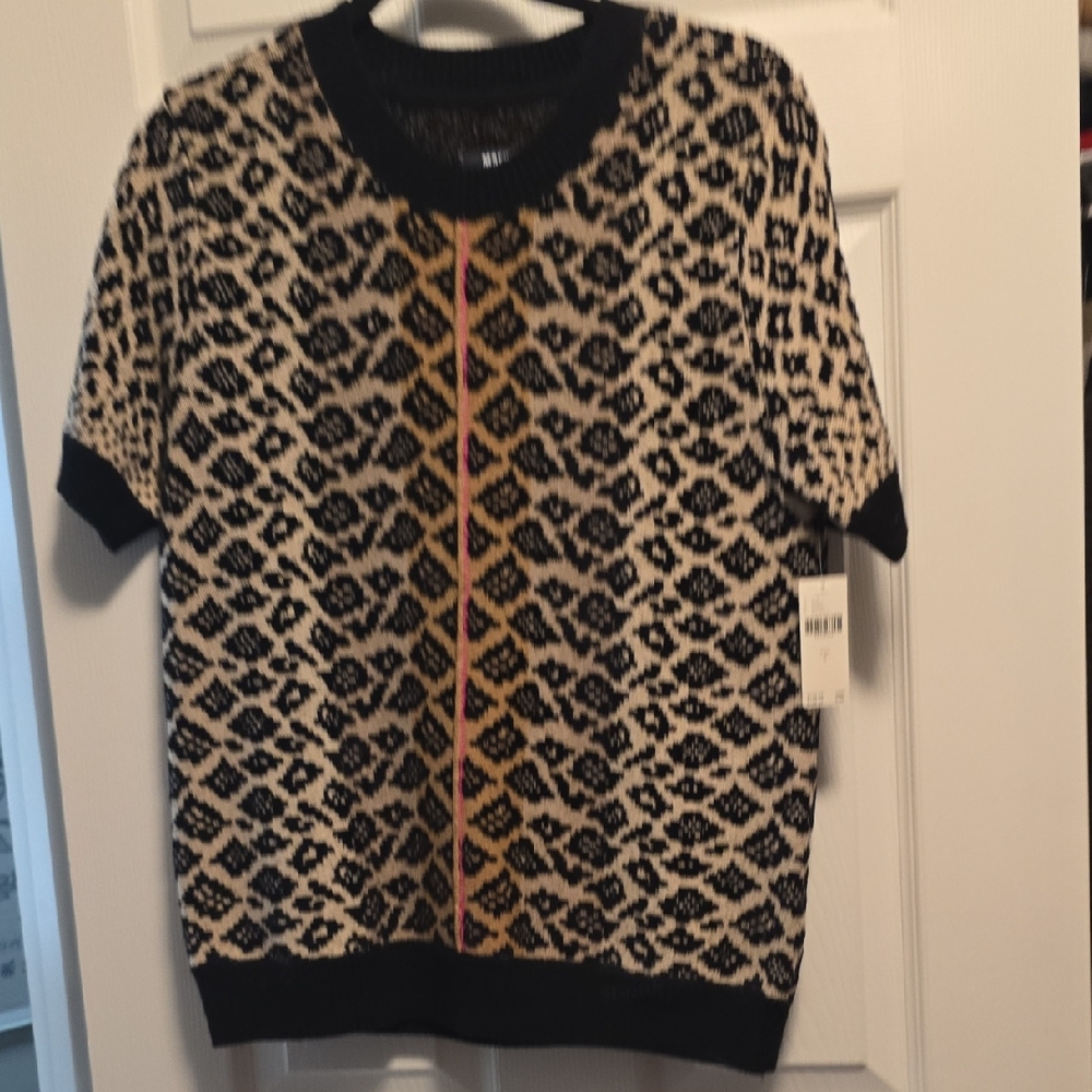 Maeve by Anthropologie - Leopard Print Short Sleeve Sweater with Contrast Stripe